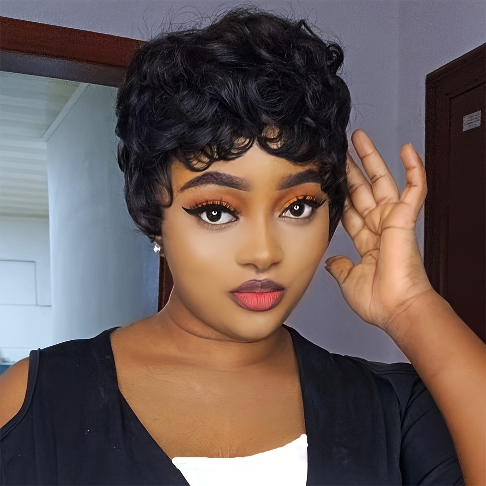 

Brazilian Curly Short Wigs Short Pixie Cut Curly Wigs For Women Short Curly Human Hair Wigs With Bangs 180% Density Full Machine Made Wig 6 Inch