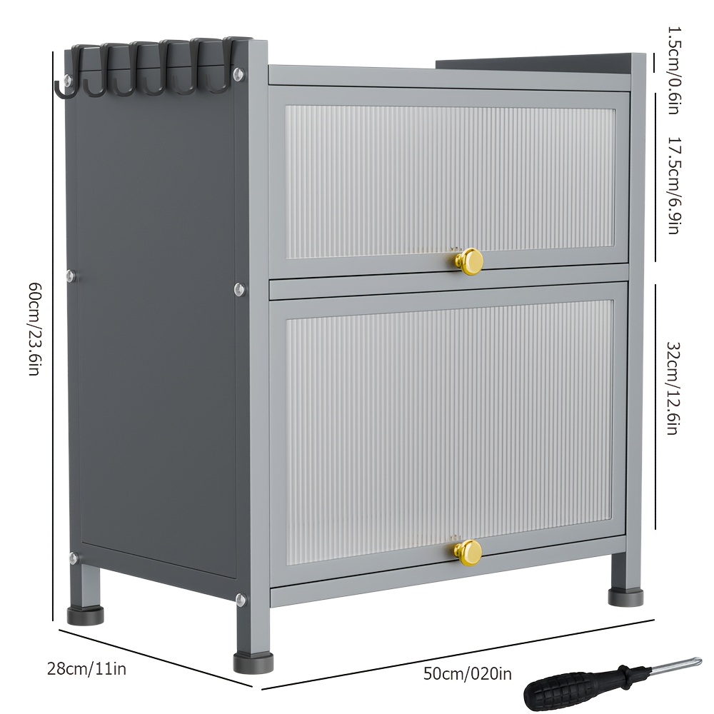 TEMU 2-tier Heavy Duty Metal Storage Cabinet With 6 Hooks And A Screwdriver, Dustproof Flip Door Kitchen Pantry, Large Capacity Freestanding Shelf,