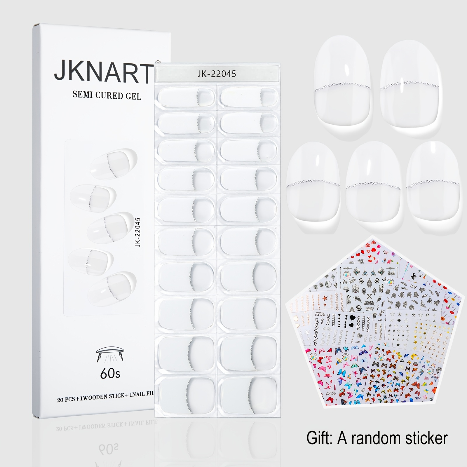 20pcs Semi-cured Gel Nail Stickers, White Nails, Requires Light Curing. Semi-cured Gel Nail Stickers, Durable, Easy To Apply And Remove, Nail-friendly