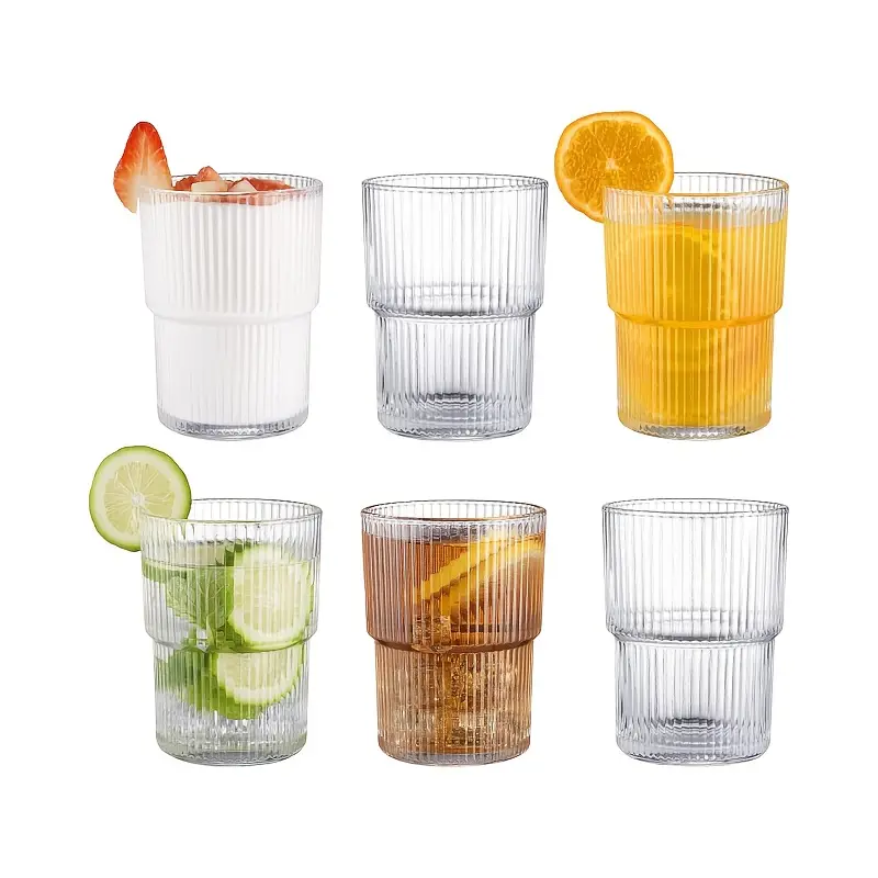 6pcs 200ml 6 8oz stackable ribbed glass cups iced coffee cups juice cups vertical striped retro glass cups reusable glass cups suitable for halloween christmas easter thanksgiving Product details 8