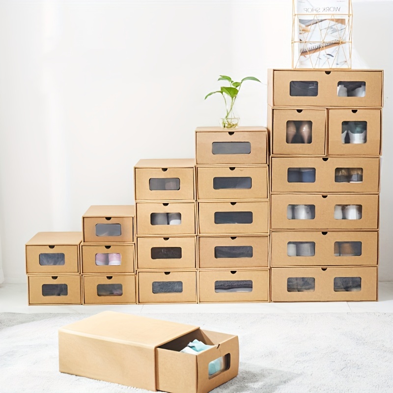 

10pcs Kraft Paper Shoe Boxes - Foldable & Space-saving Storage Organizers For Bedroom, Bathroom, Office, Entryway, Closet, Wardrobe - Home & Dorm Essentials