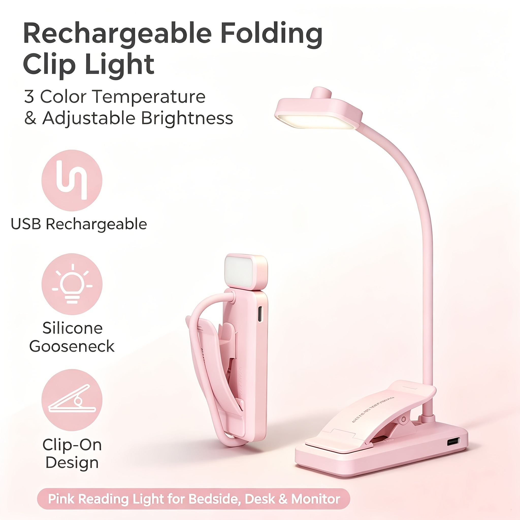 TEMU Foldable Clip-on Reading Lamp, Usb Charging Portable Clip Light, 3 Adjustable Lighting , Compact Size, Reading For Bed, Bedroom, Living Room,
