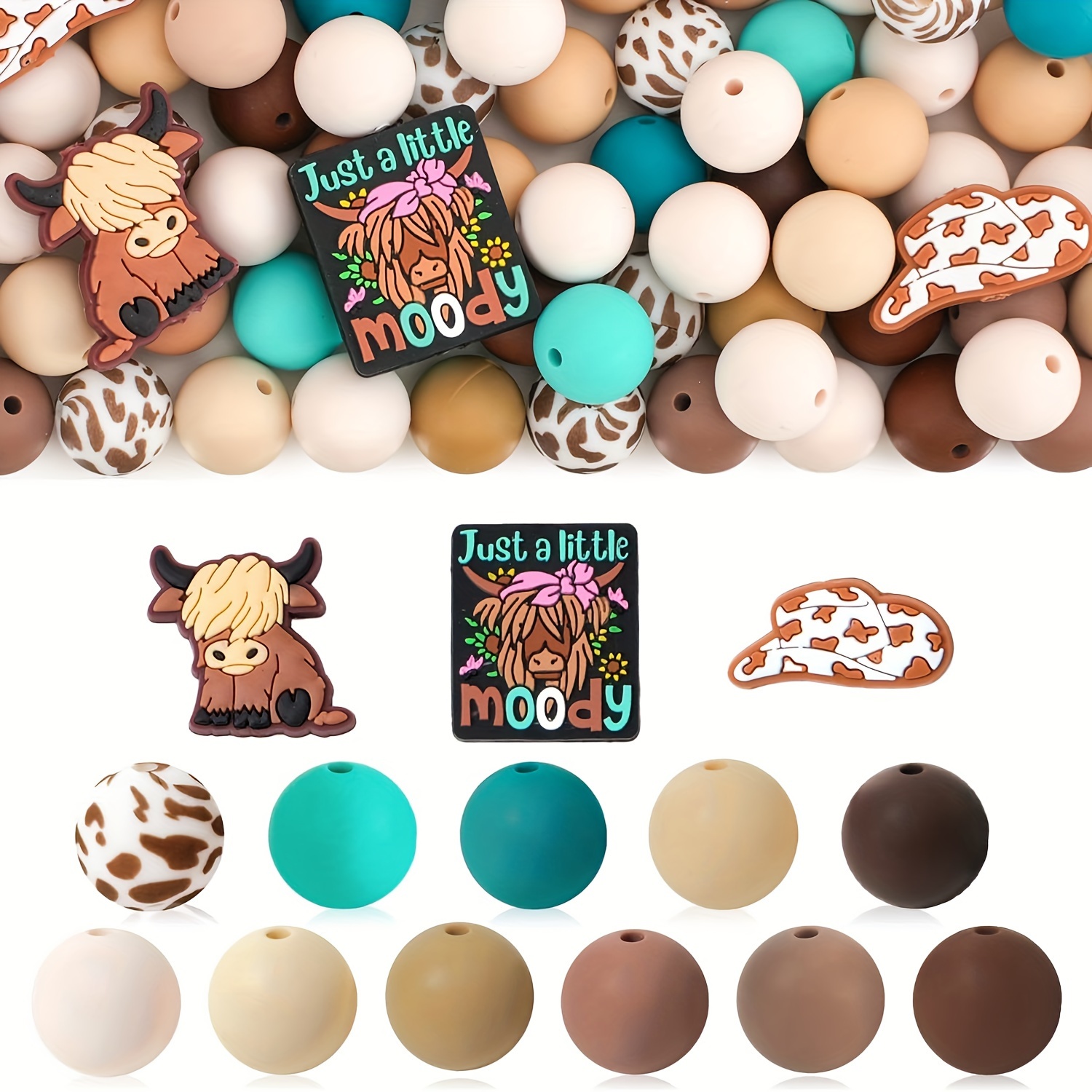 

100pcs Highland Cow Silicone Beads Kit, Fashion Themed Round Loose Beads With Holes For Making, Handmade Accessories, Decorative Beading Crafts, Silica Gel Material, No Plating