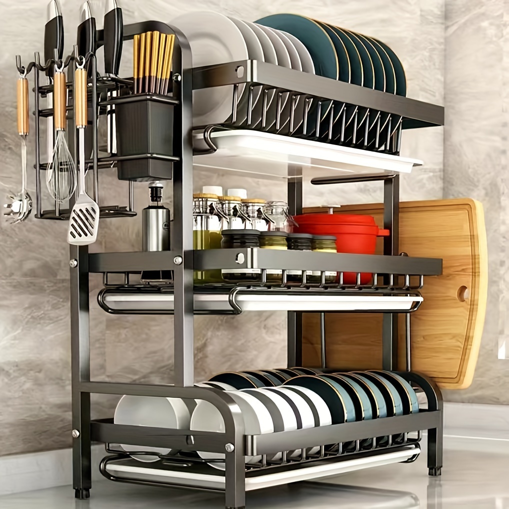 

1 Set Upgraded Premium Carbon Steel 3-tier Dish Rack With , Large Capacity Kitchen Organizer For Dishes, Utensils, Cutlery, And Chopping Board Storage, Dish Drying Rack