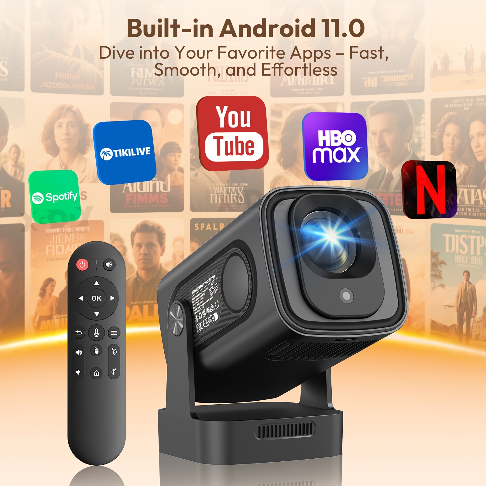 XGODY Gimbal 5 Pro Projecteur Intelligent 400ANSI Luminosité Natif 1920*1080P Support 4K Full HD 1080P Beamer avec Télécommande, Mise au Point Automatique & Correction Automatique du Trapèze WiFi 6 Sans Fil BT 5.2, Assistant Vocal Mini Cinéma Maison Projecteur APP Intégrée