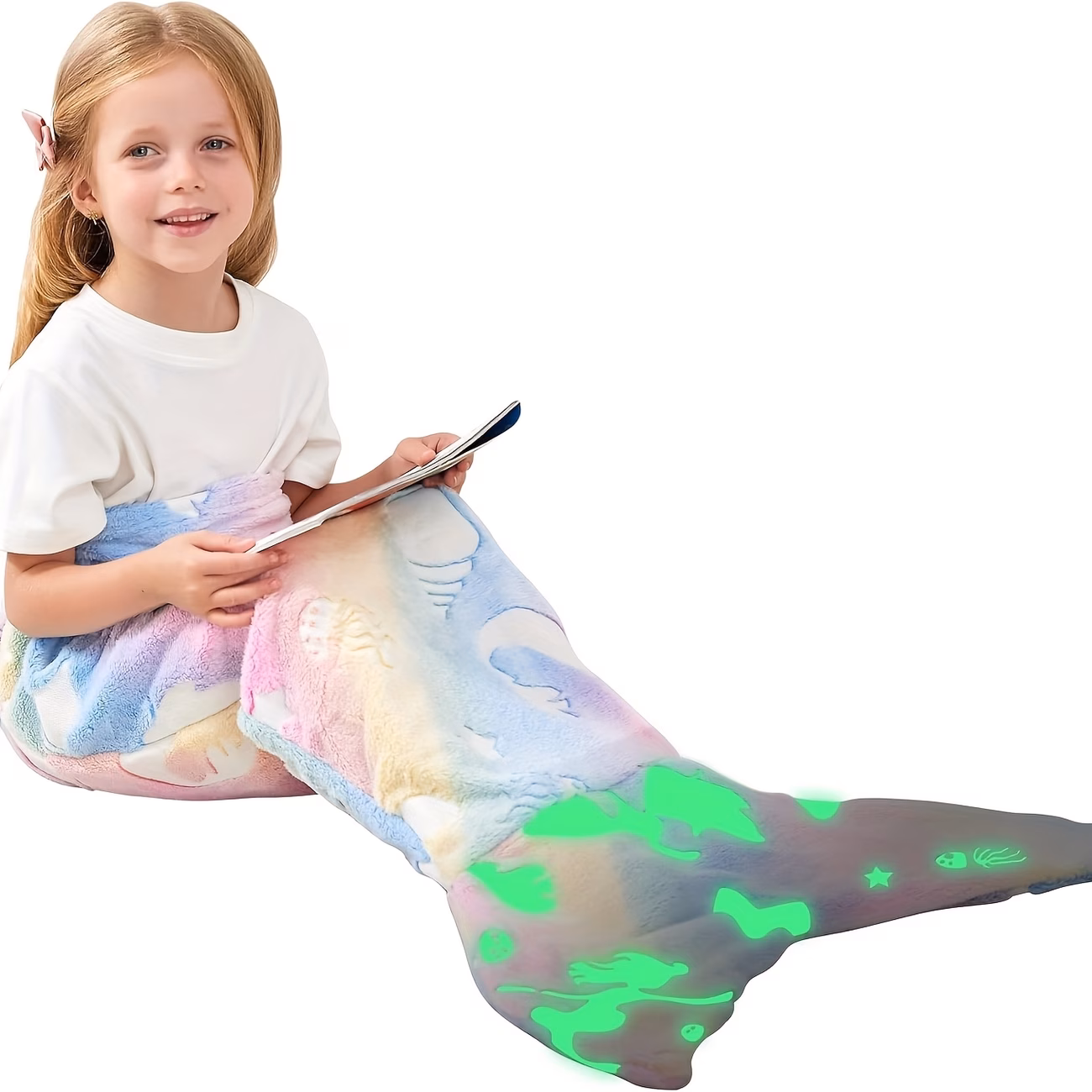 1pc Mermaid Tail Blanket - Glow-in-the-Dark Plush Mermaid Wearable Blanket 1pc mermaid tail blanket glow in the dark plush mermaid wearable blanket soft flannel blanket for girls teens and mermaid unicorn sleeping bag ideal for birthdays and kindergarten decor 250gsm Product details 4