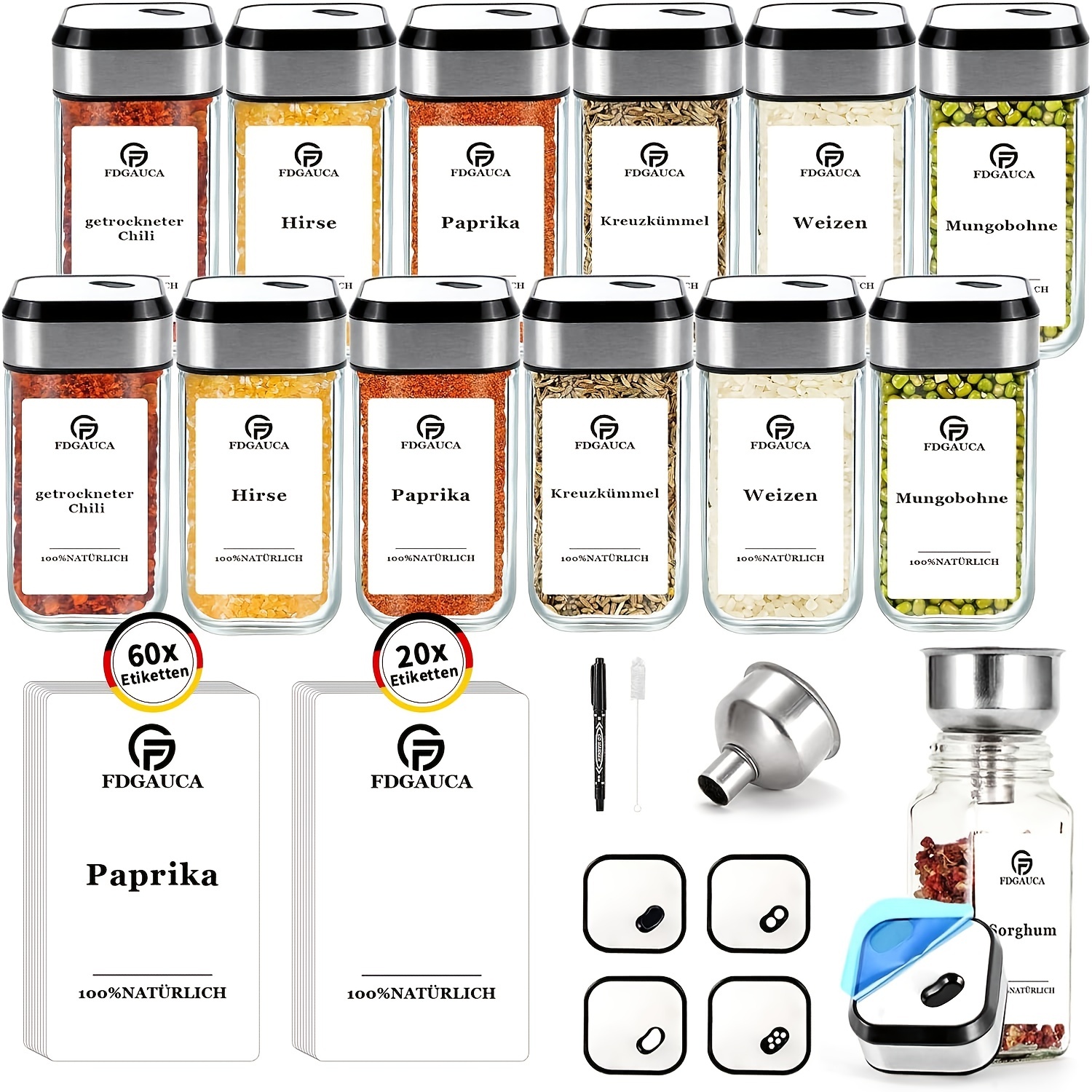 

12 Spice Jars With And Labels 120ml Spice Storage Containers With 80 Spice Labels 360° Adjustable Spice Jars With Stainless Steel Funnel For Kitchen Spice Organization