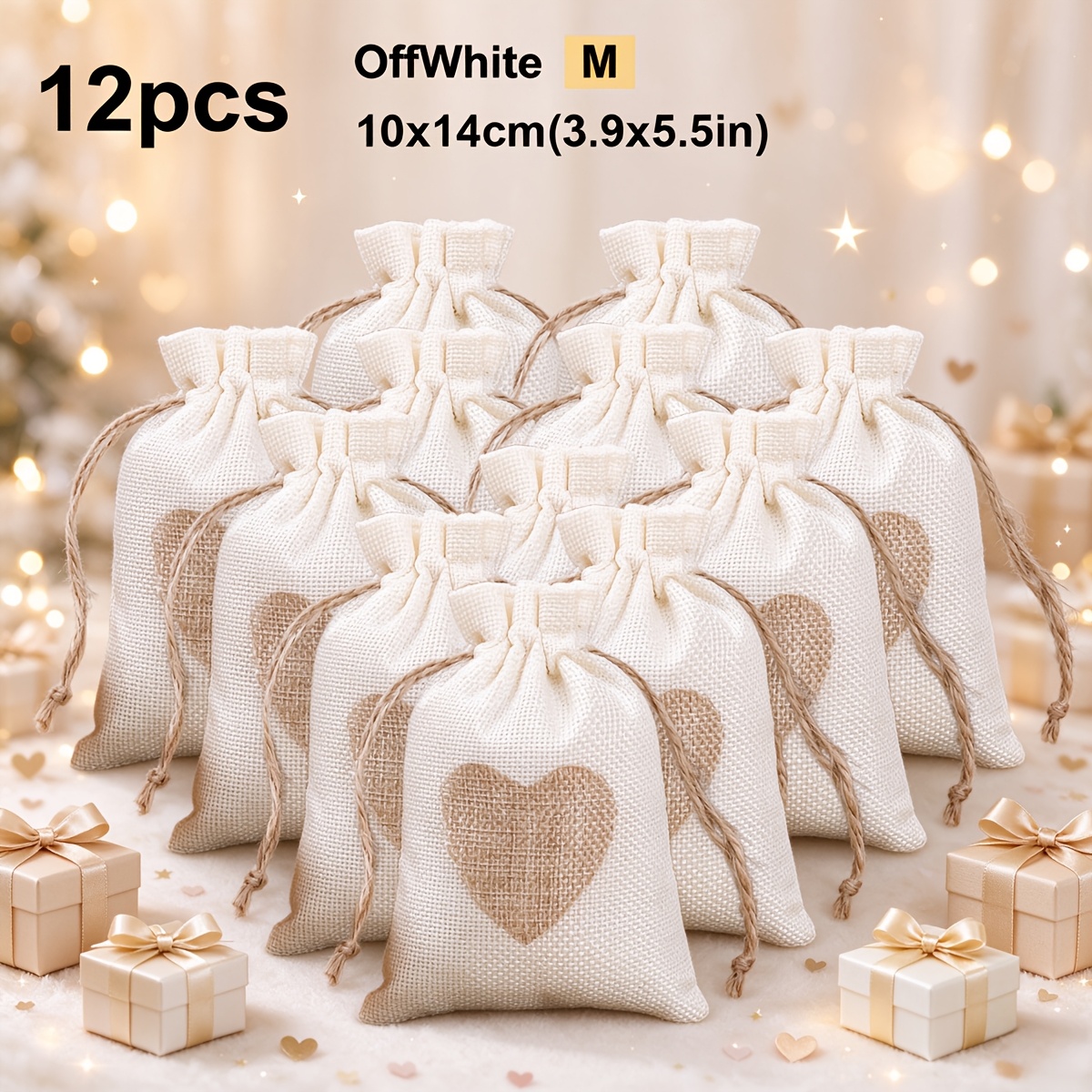 Image of 12- Drawstring Gift Bags, Linen Drawstring Pouches With Heart Pattern For Holiday Gifts, Reusable Storage Bags, Favor & Gift Packaging Bags For Weddings/birthday Parties, Halloween/christmas Gift Bags