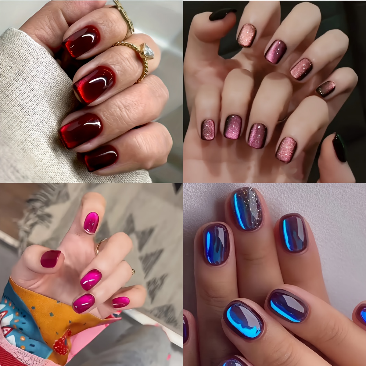 Image of 120pcs Short Square Eye Press On Nails, Red, Pink, Blue Cat Eye Acrylic False Nails Set, For Woman And Daily Wear Party Nails, Suitable For Christmas Wear