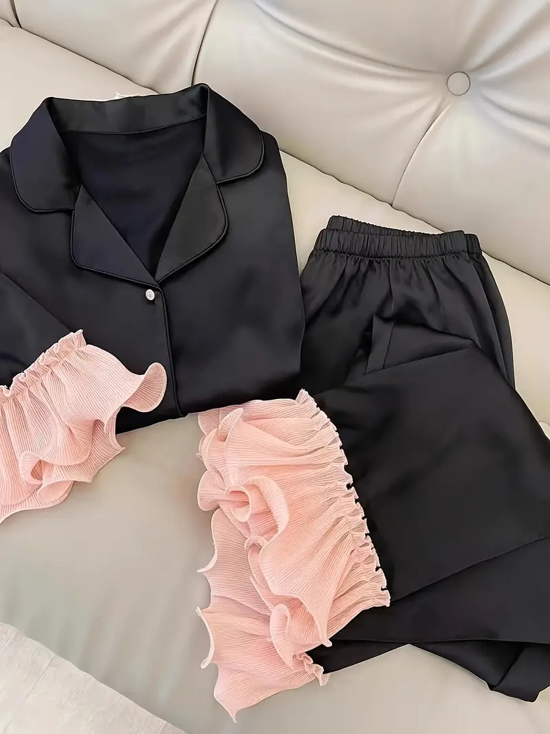 ice silky satin pajamas womens loose set with mushroom edge sweet atmosphere as outerwear or pajamas Product details 3
