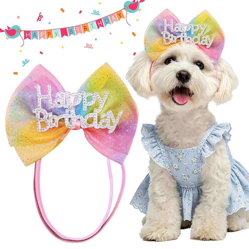 TEMU 1pc Birthday Hair Additions Gauze Lace Bow Dog Headwear Rhinestone Inlaid Happy Birthday Additions Fashionable Cute Cat Hair Additions