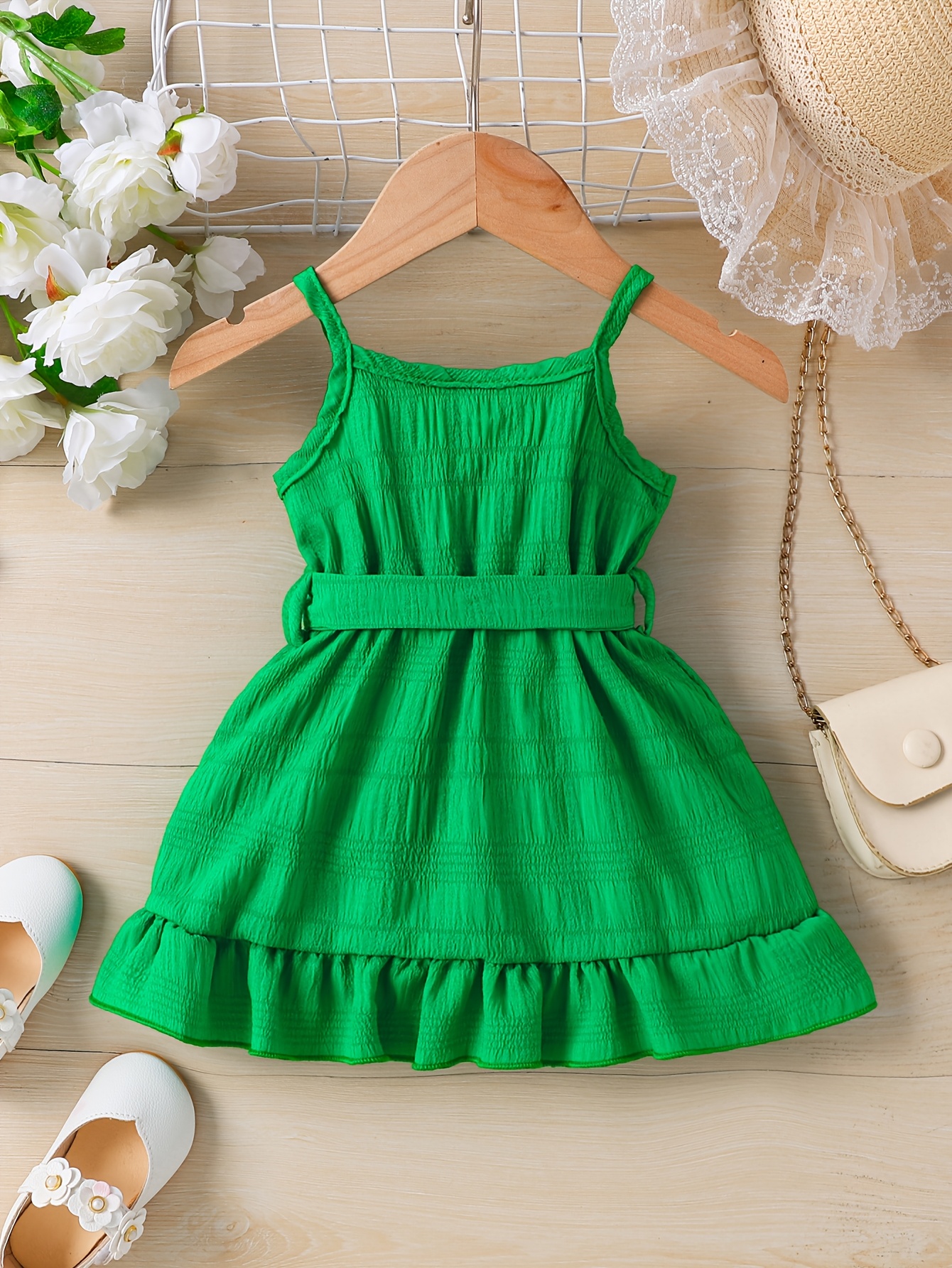 Charming Green Jacquard Fabric Dress for Toddler Girls - Sleeveless Summer Princess Gown with Ruffled Hem and Bow Detail, Machine Washable, Toddler Princess Dress