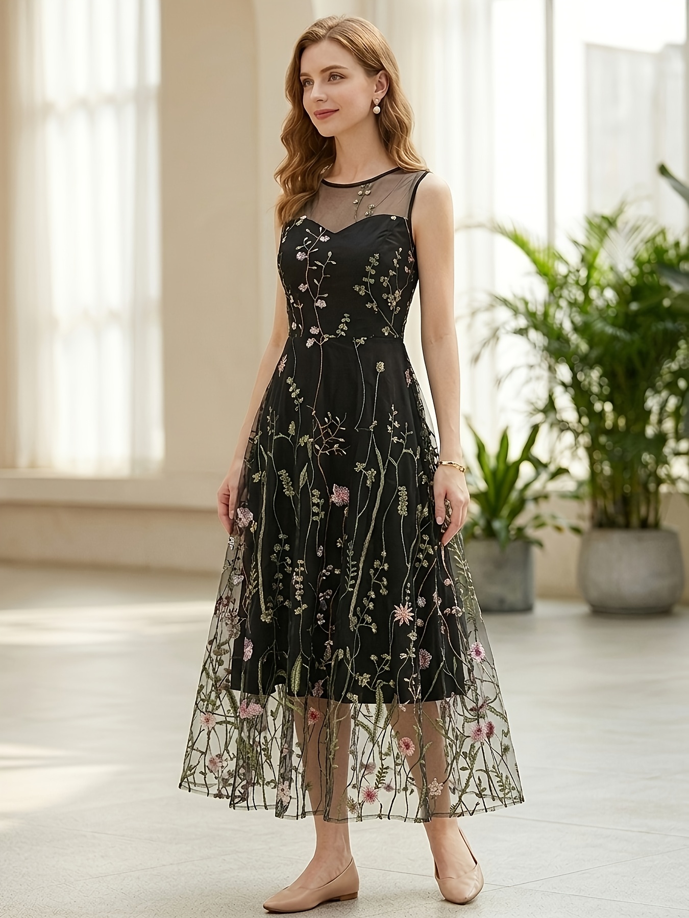 bridesmaid dresses temu Women's Round Neck Sleeveless Mesh Embroidered Elegant Holiday Gathering Party Floral * Gown Dress babylist Do women's Navy dress Select Size:6