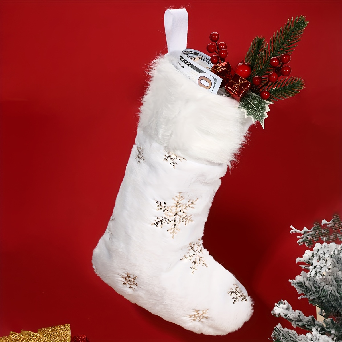 

Ultra-soft White Faux Fur Christmas Stocking With Golden & Silvery Sequin Snowflakes - Perfect For Holiday, Room, Office Decor & Themed Parties