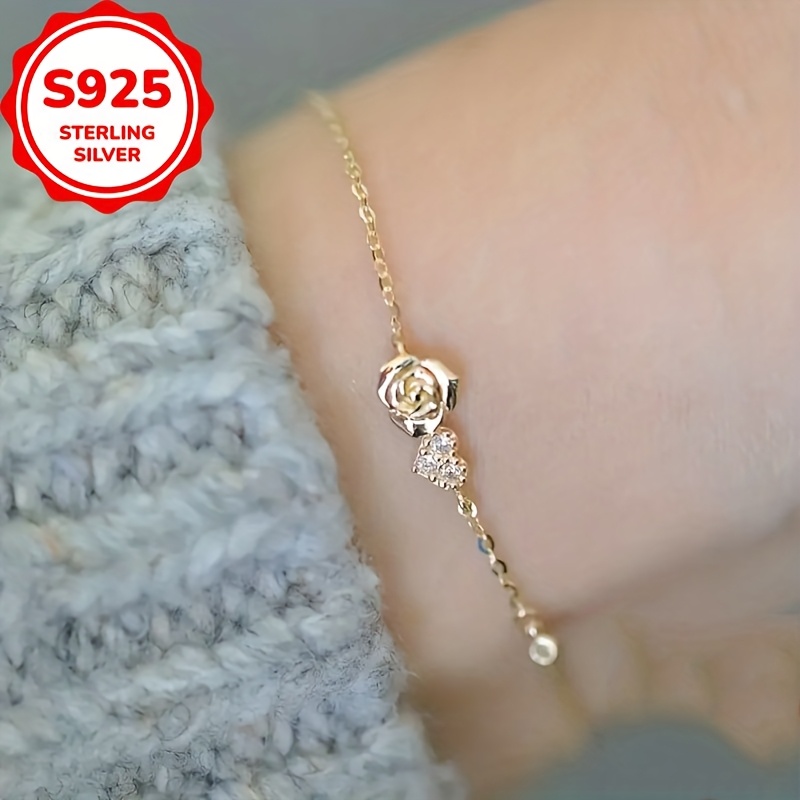 Women's S925 Sterling Silver Rose and Heart Charm Bracelet