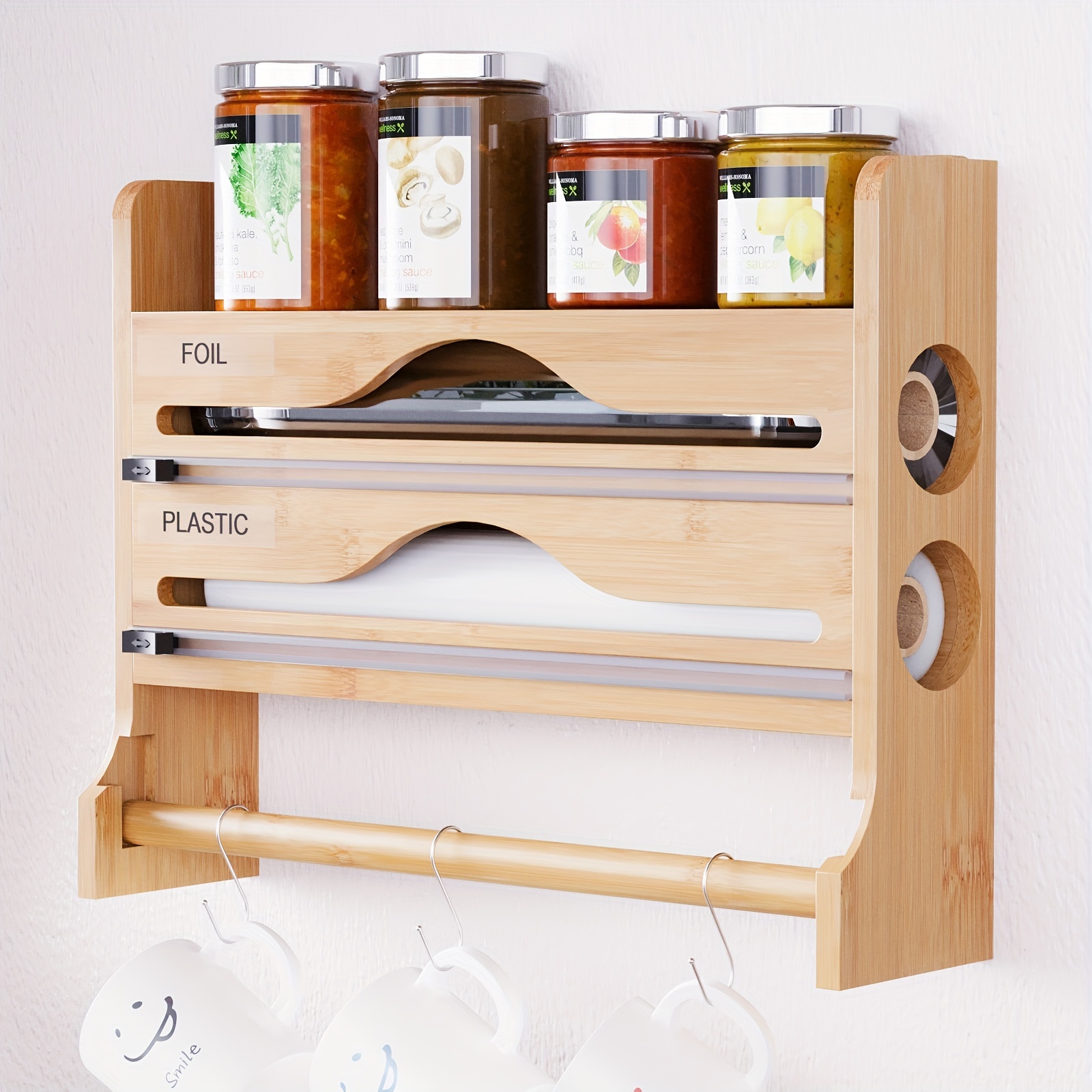 

Organisateur de cuisine mural en bambou avec distributeur double pour feuille d'aluminium et plastique, support de rouleau , étagère pour pot de spice - 1 pièce