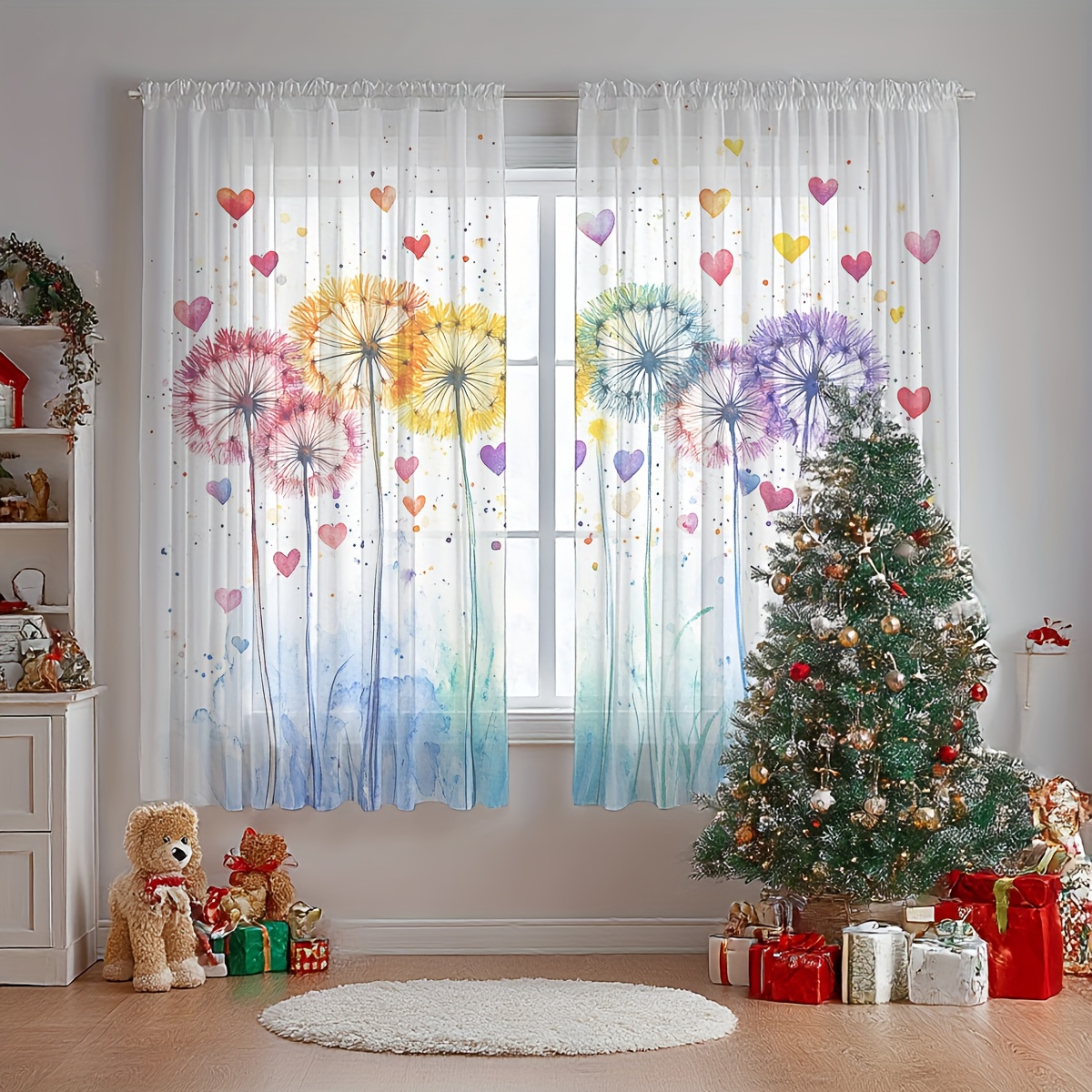TEMU Home, Festive Theme, Wedding Decorations, 2pcs Semi-transparent Window Sheer Curtains, Watercolor Dandelion Heart Curtains, Warm And Romantic