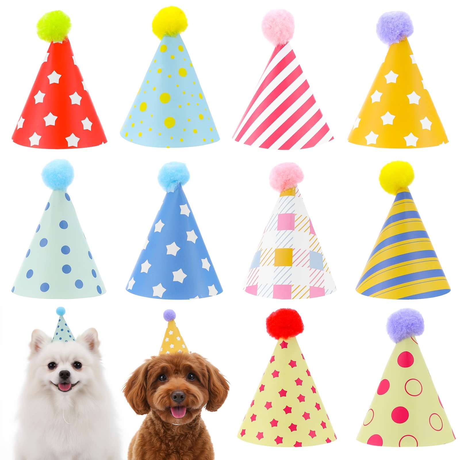 10 Colorful Mini Party Hats, Cute Party Hats With Pompoms For Kittens, Bunnies, Dogs, And Stuffed Animals I Perfect For Halloween