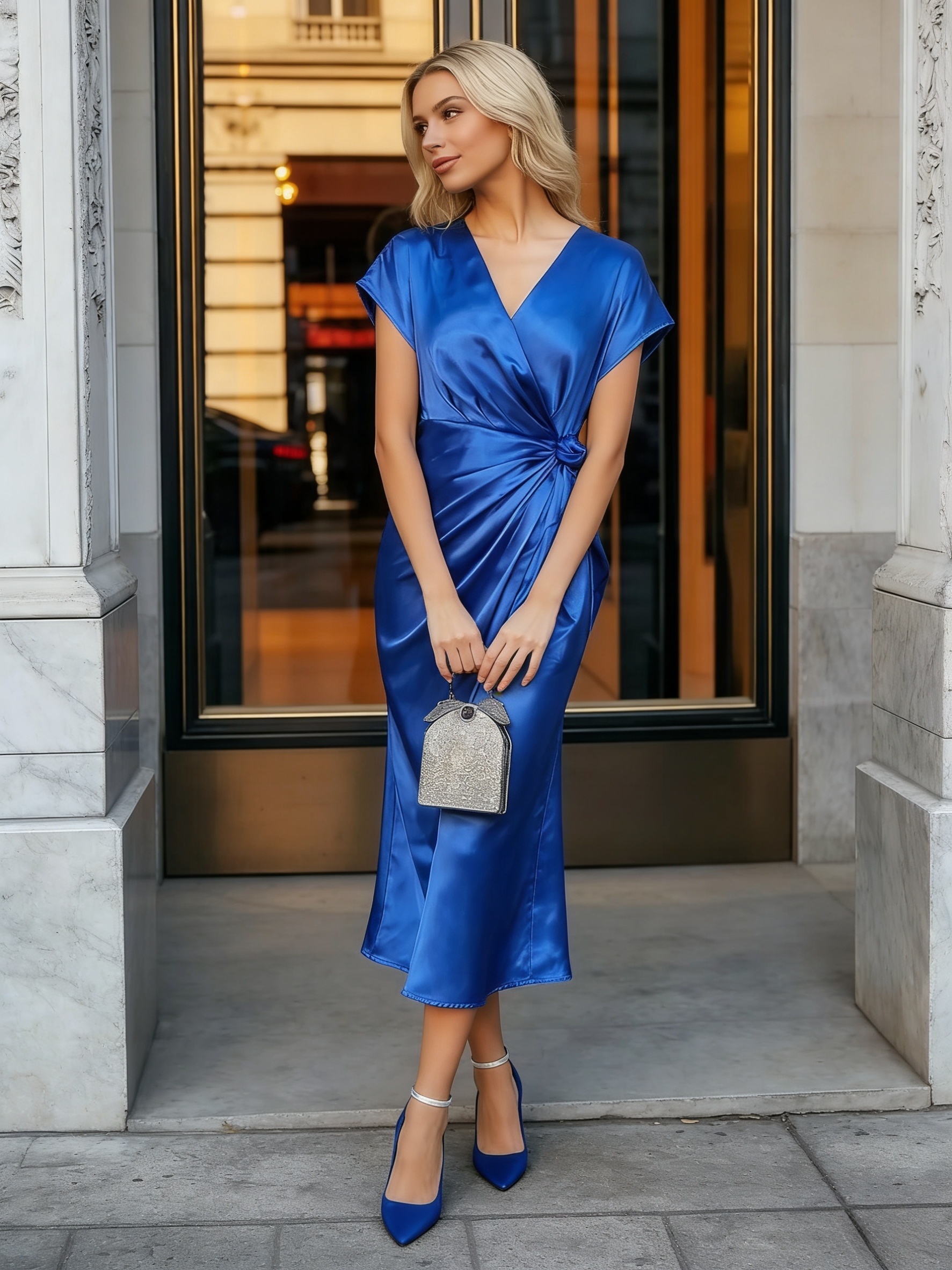 ladies fashionable dress royal blue satin v neck dress short - Temu Cyprus