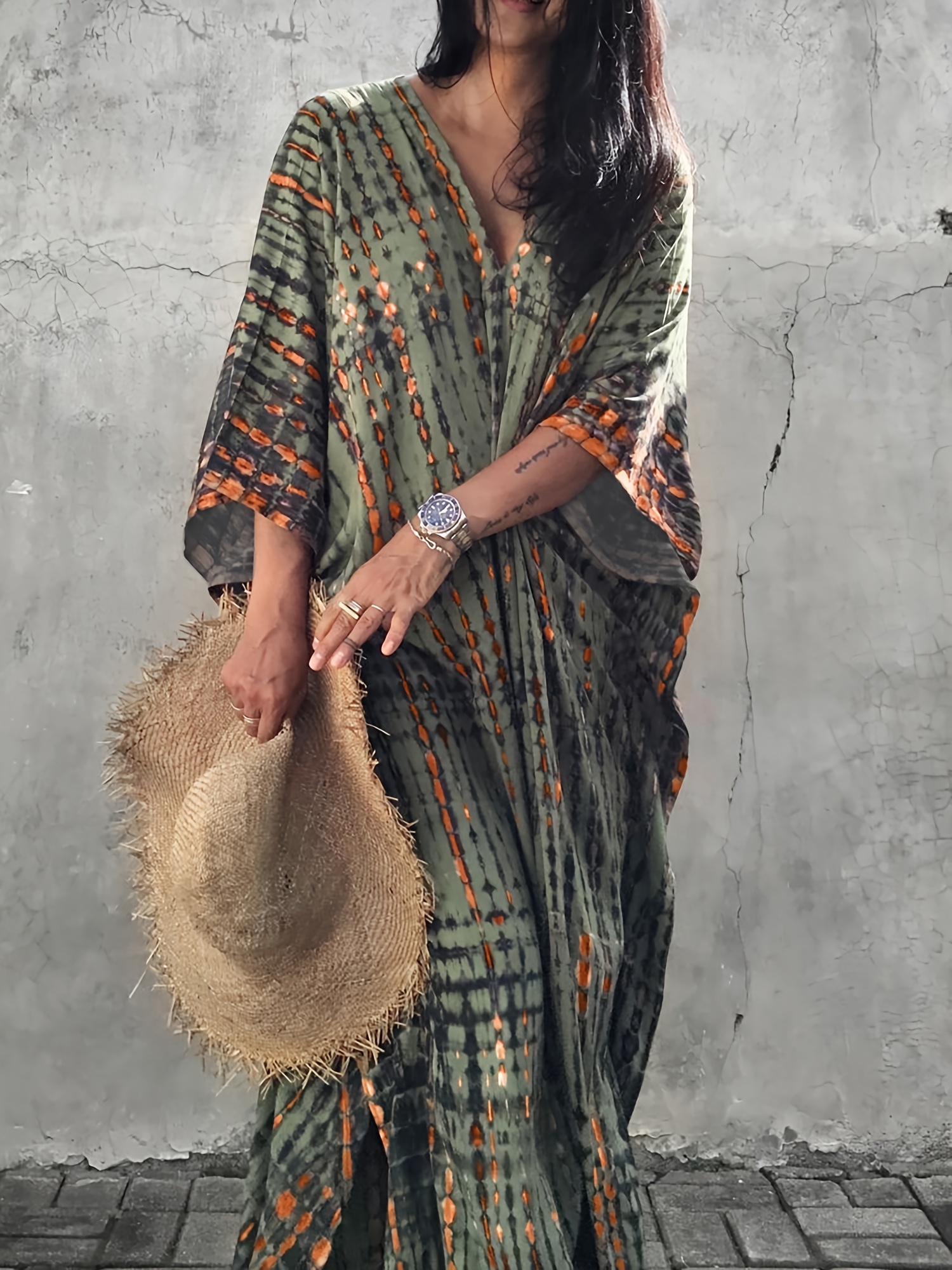 plus size   womens plus size striped turkish kaftan dress v neck batwing sleeves loose fit long robe with   hem lightweight breathable fabric for spring summer fall casual beachwear outdoor   summer covering texture   design