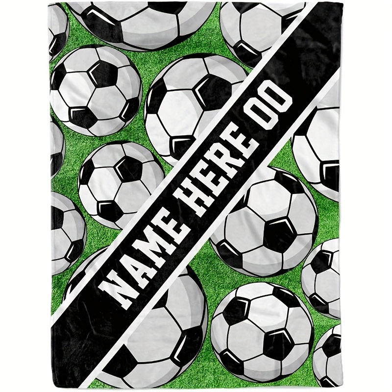 

Customizable Soccer Print Flannel Throw Blanket, Personalized Text, Hypoallergenic, Machine Washable, All Seasons, Multipurpose, Knitted Polyester, Ideal Fans, 1pc