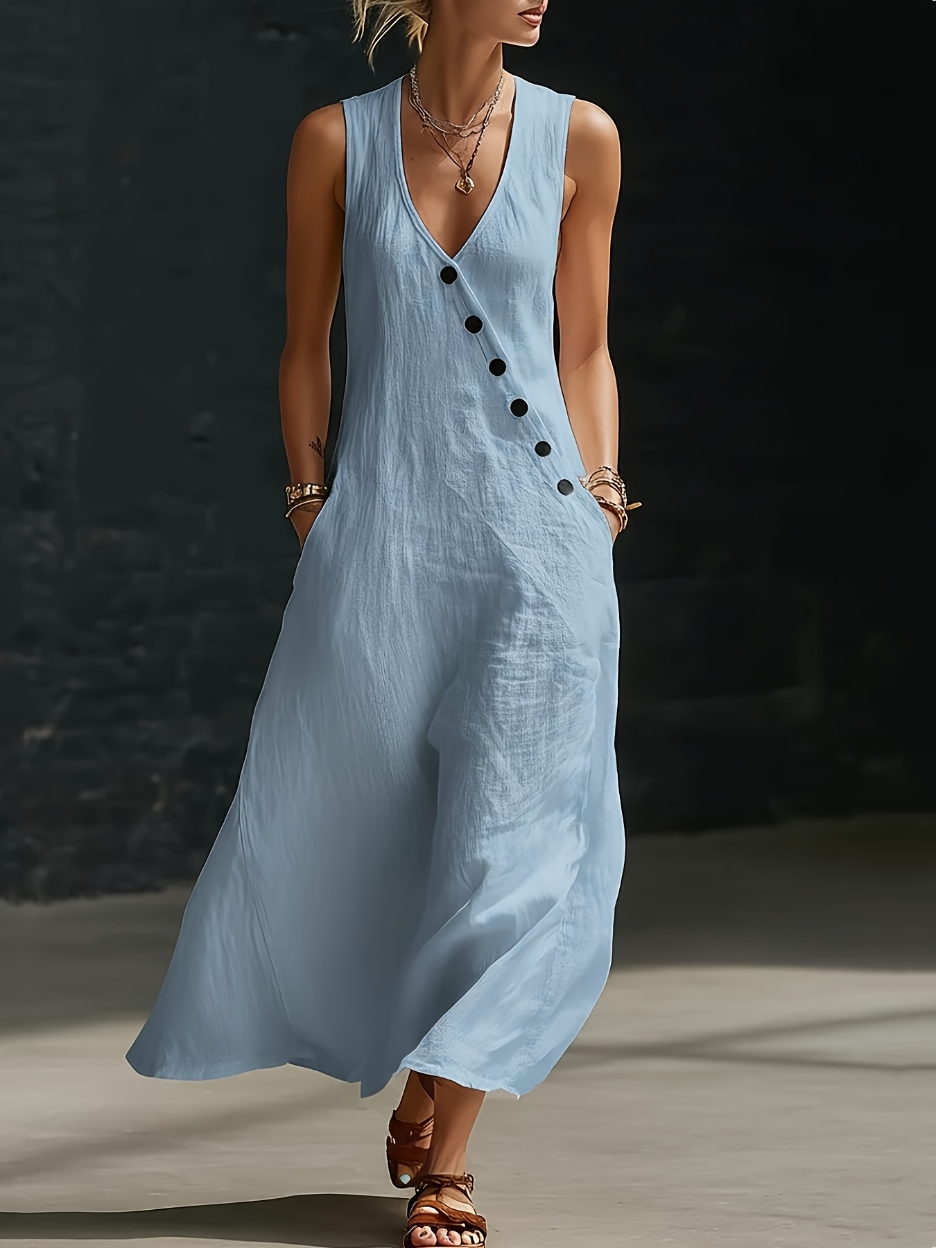 chinese dress ladies Blue Floral Linen Dress with pockets – celticfusiondesign main image 1