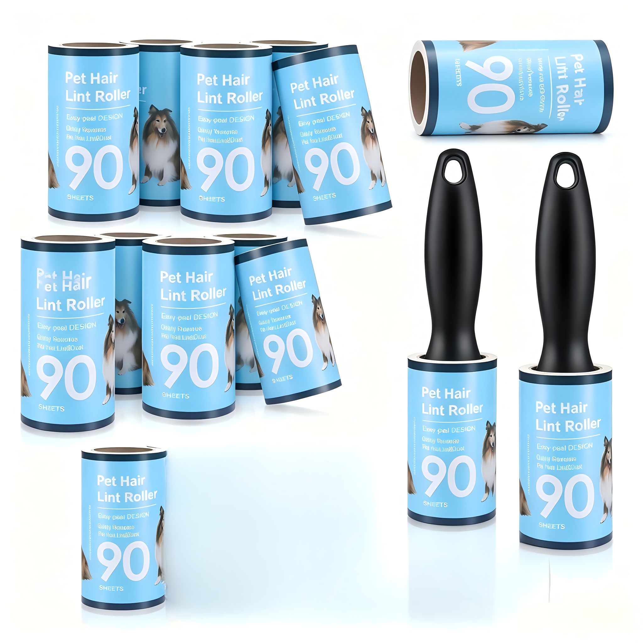 Pet Hair Removal Roller, Blue, 1080 Sheets, With 2 Handles, Suitable For Clothing, Sofas, Carpets, Furniture, And More; Pet Hair Remover, 12 Lint Rollers