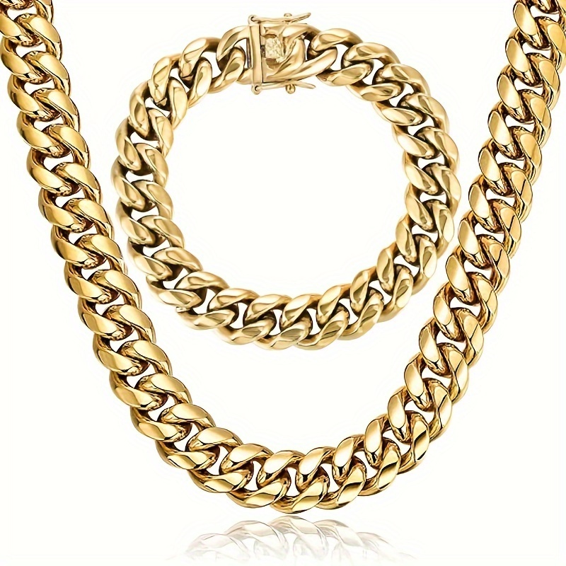 

Cuban Link Chain Set For Men Plated Stainless Steel 14mm Curb Bracelet Necklace Chains