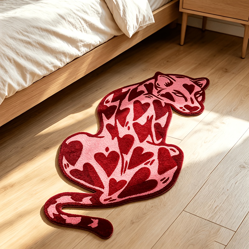TEMU 1pc Sweet Heart Pattern Leopard Shaped Curved Rug Irregular Soft Slip Resistant Machine Washable Easy Clean Mat Bedroom Living Room Dormitory