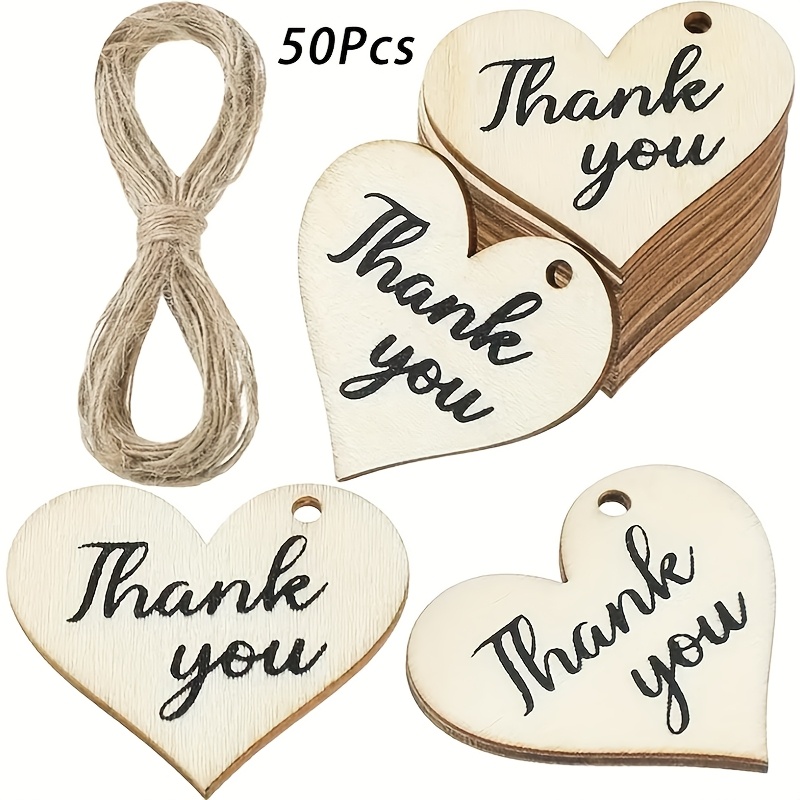 Image of 50pcs Heart-shaped Wooden Thank You Tags Strings - Elegant Cursive Design For Valentine's Day, Weddings, Gifts & Parties | Mini Decor Pendants