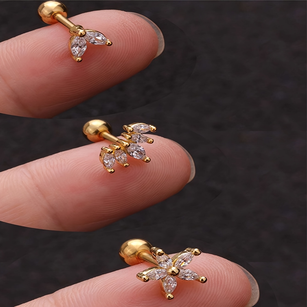 TEMU 3 piezas de pendientes de cartílago para mujer, aretes de acero inoxidable cuadrados con circonita sintética, aretes helicoidales en , brazalete