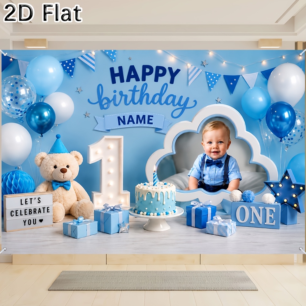 TEMU 2d Flat, 1pc [2d Flat] Banner Happy Birthday Customizable Backdrop For 1st Birthday Boy Blue Theme Party Decor With Balloons Clouds Bear Cake