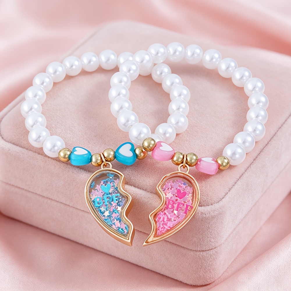 TEMU 2pcs Blue And Pendant Stretch Bracelets, Kids Friendship Bracelet Set, Cute Fashion Jewelry Additions For Girls, Birthday Party And Festival