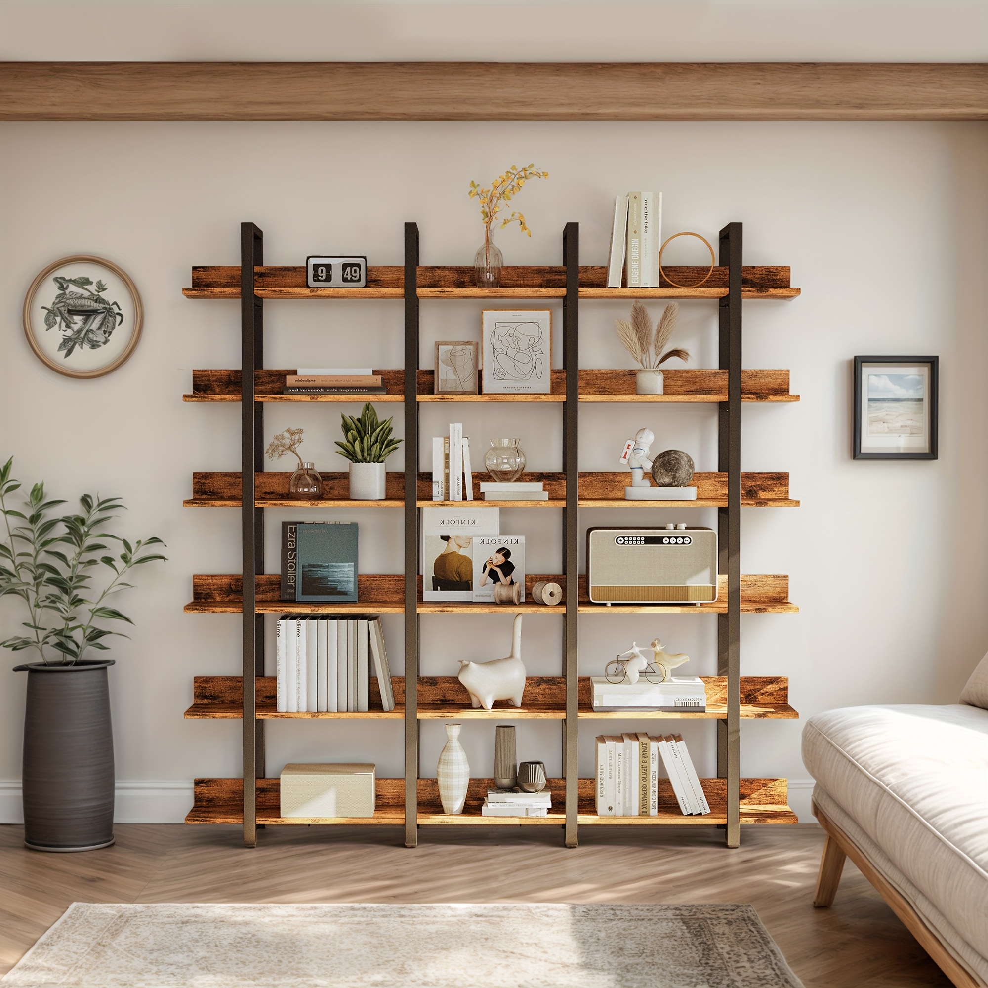 Vintage Brown 6-Tier Ladder Bookshelf | Large Triple Wide Bookcase