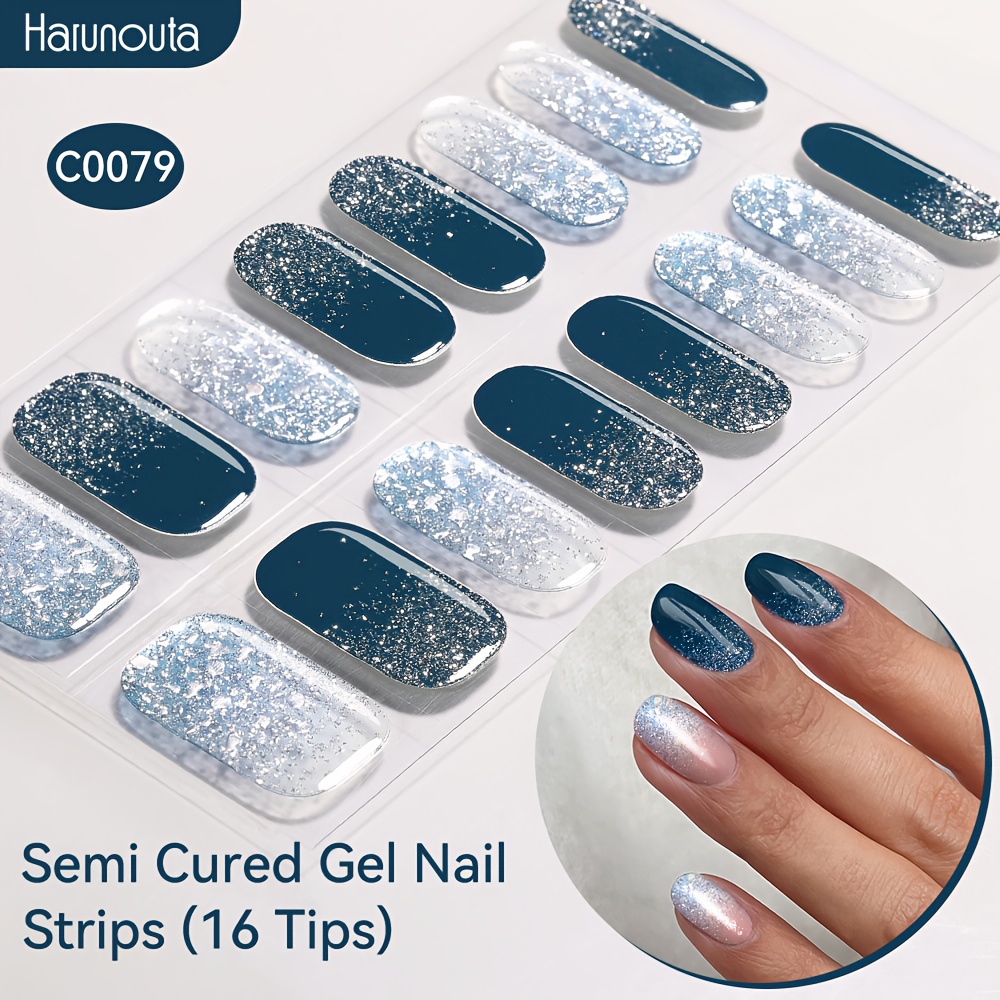 Image of Harunouta 16pcs Semi-cured Gel Nail Strips Dark Gel Nail Stickers Glitter Gradient Nail Wraps Self-adhesive Full Cover Strips For Manicure Women Home Nails C0079/c0080/c0084