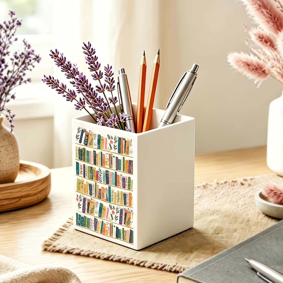 TEMU 1pc [desktop Organizer] New Multifunctional Plant Floral Illustration Bookshelf Pattern Pen Holder, Space-saving And Easy To Clean, Suitable For
