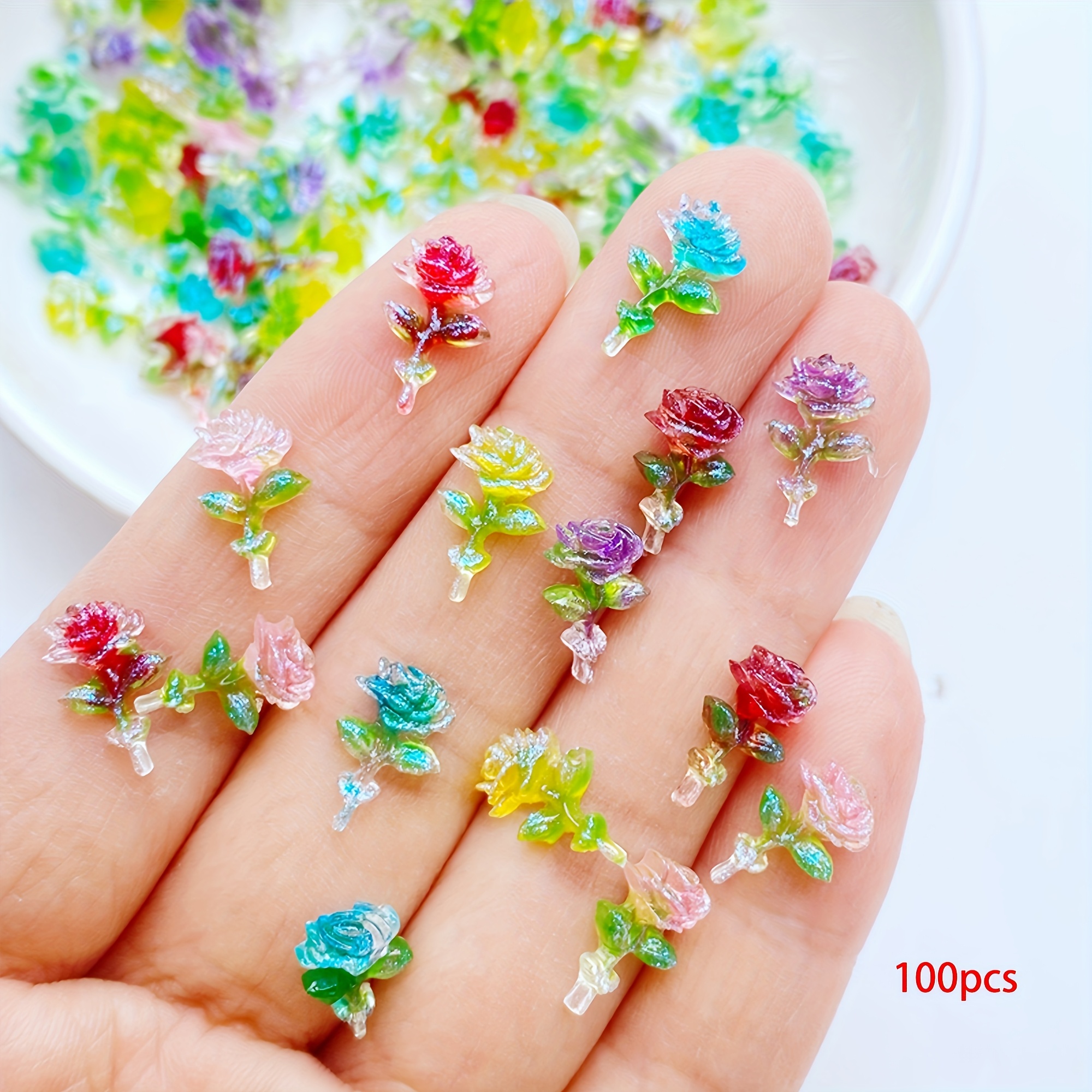 30/100pcs Of 7x11mm Mini Rose For Nail Art Charms, Glossy Flatback Resin Flower Additions For Decorating For Nails, Supplies For Nail Art
