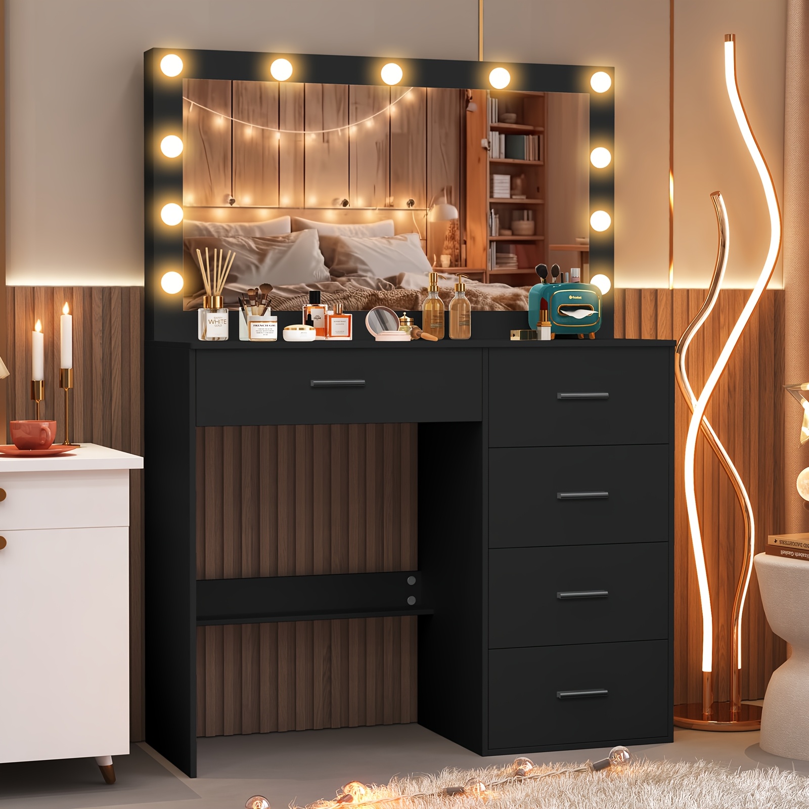     black dresser with large 11 led led bulbs adjustable pattern usb powered scandinavian   hardwood vanity organizer 3 2 cu ft storage 27   assembly dresser vanity desk modern aesthetic wood grain texture Product details 2