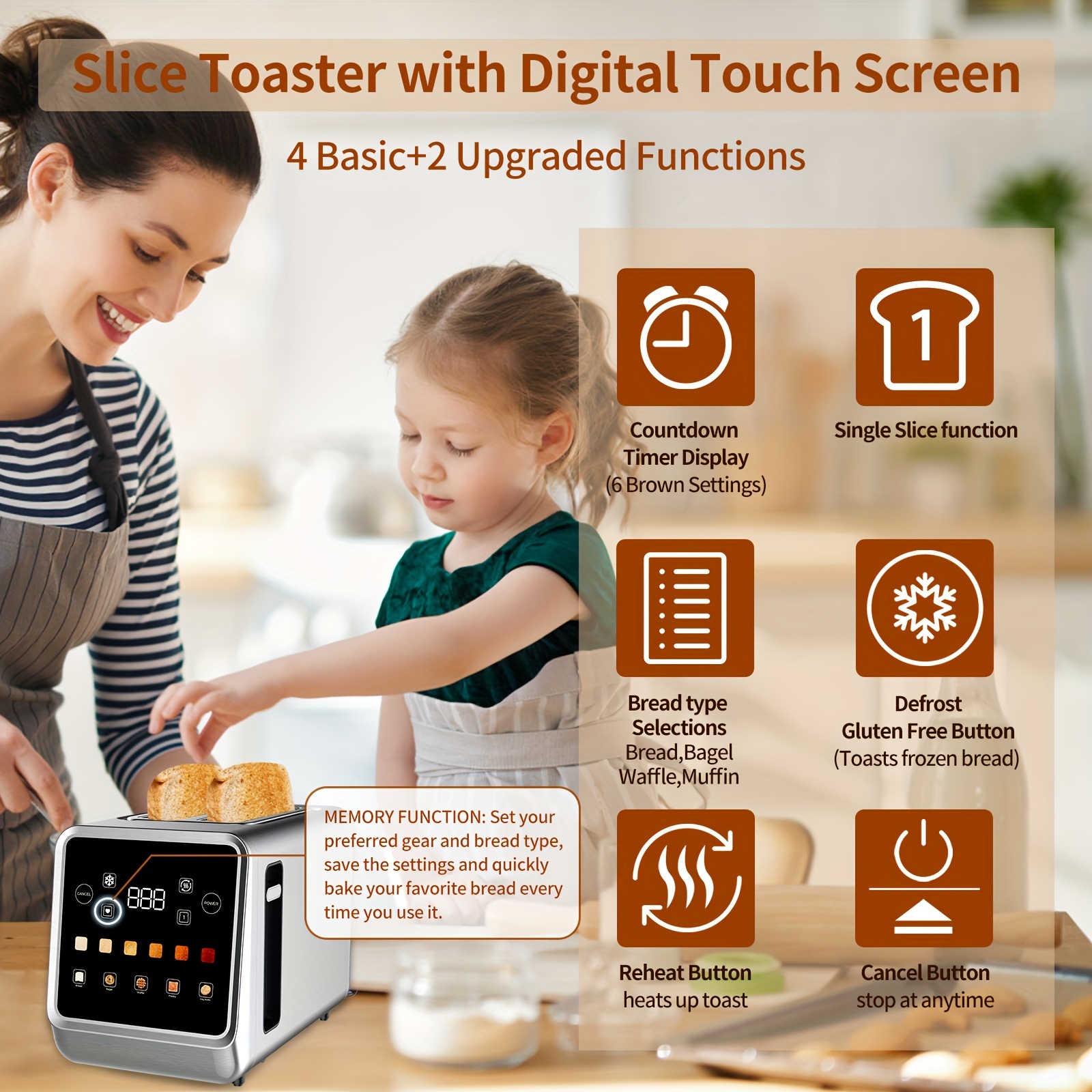 touch screen toaster 2   stainless steel digital timer toaster with 6 bread types and 6 shade settings 1 5 wide toast slot with bagel cancel defrost and memory details 7