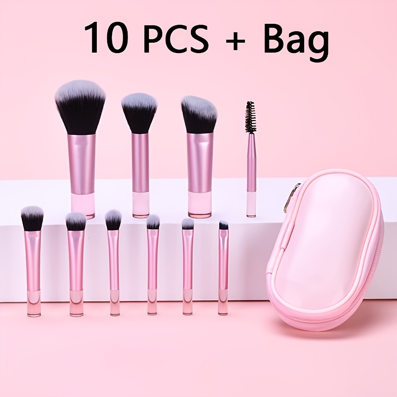 TEMU Set de 10 mini pinceaux de maquillage de voyage avec étui - Kit portable de petits pinceaux pour à paupières, fond de teint, à joues, -cernes et