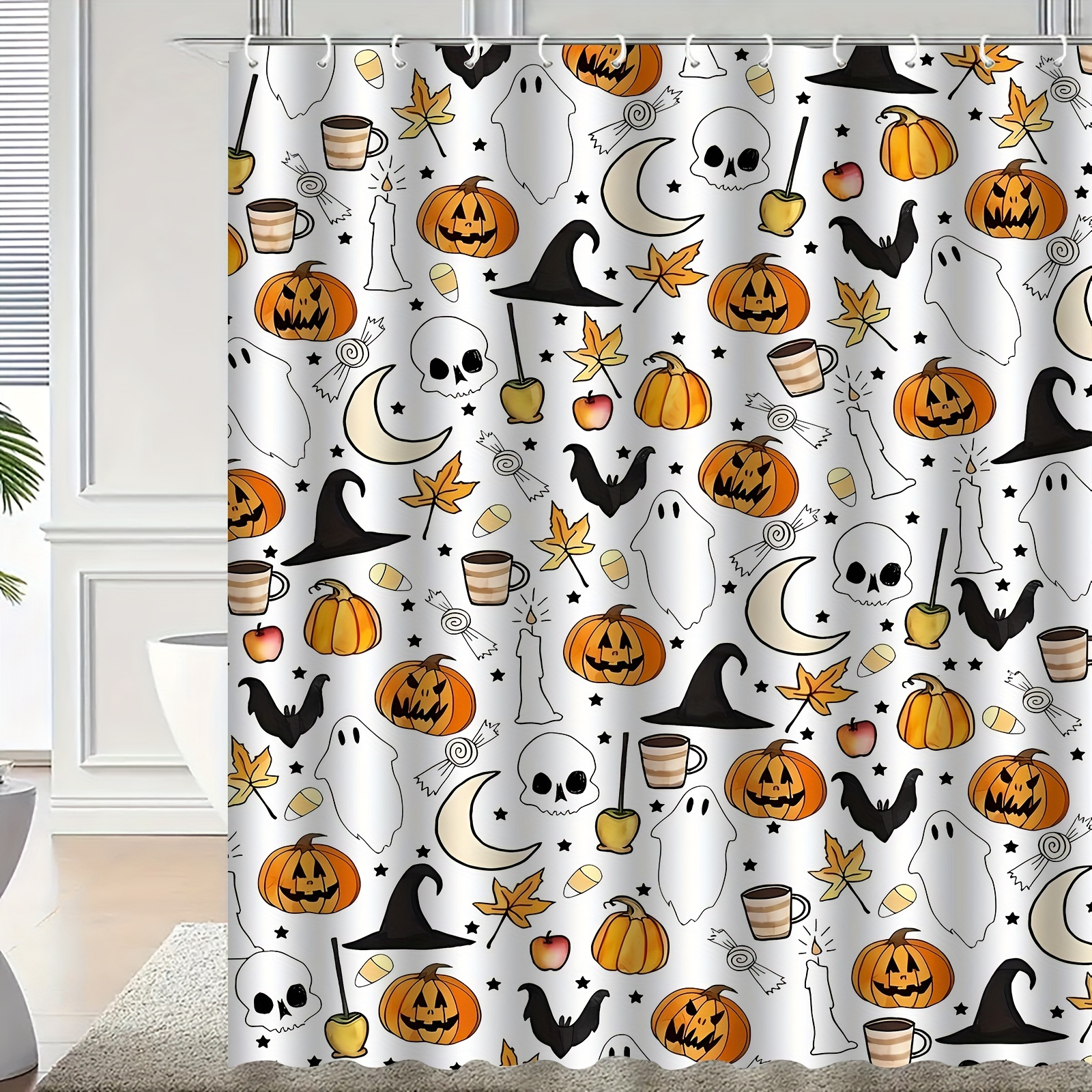 

Jit1pc Halloween Bat & Pumpkin Shower Curtain - Waterproof Polyester, 12 Hooks Included, Machine Washable