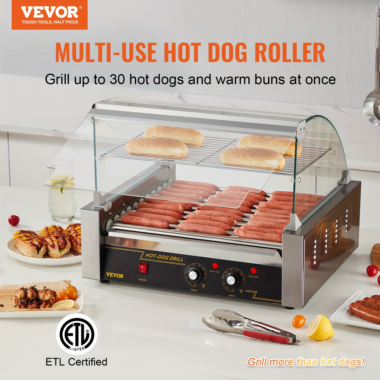  hot dog roller 11 rollers 30 hot dogs capacity 1650w stainless sausage grill cooker machine with hood acrylic cover bun warmer shelf removable drip tray etl certified details 0
