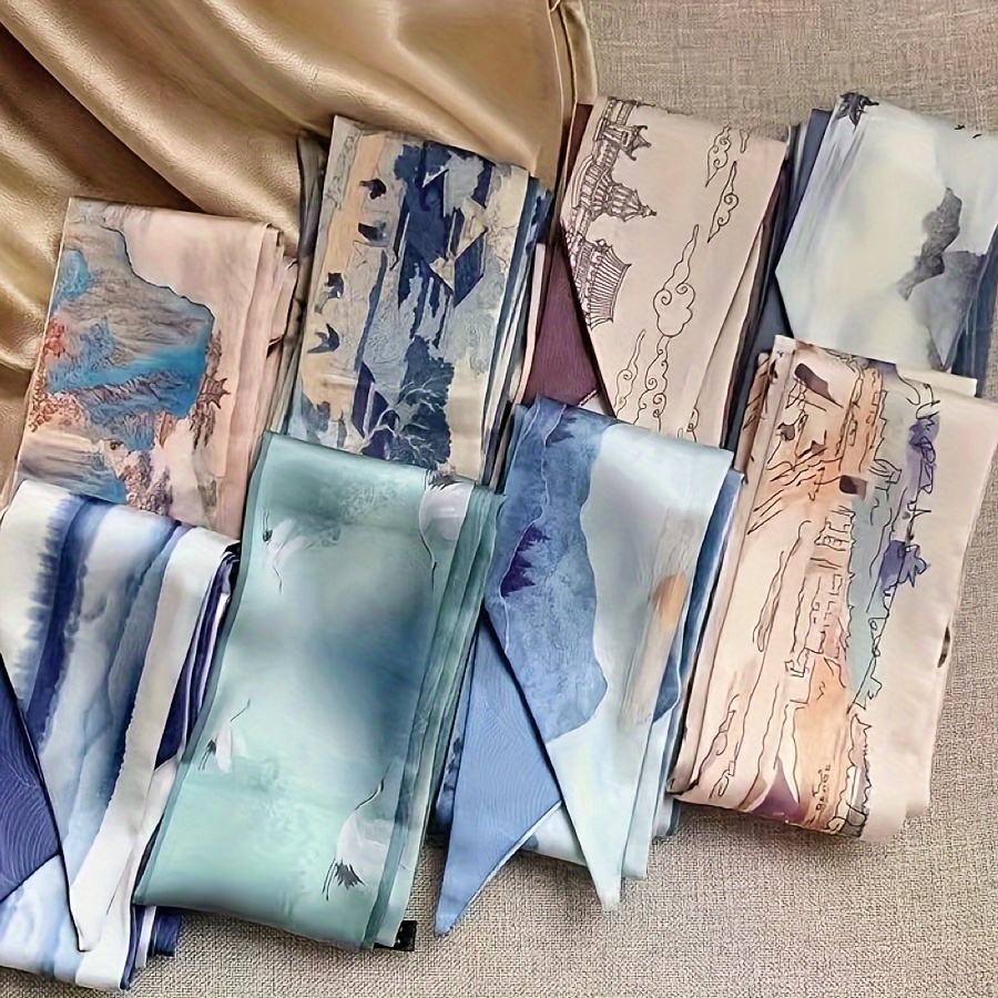 

8pcs Classic Landscape Painting Combination Long Scarf With Gift Box, Bag, Hair Tie, Etc. Versatile Ribbon Hair Tie