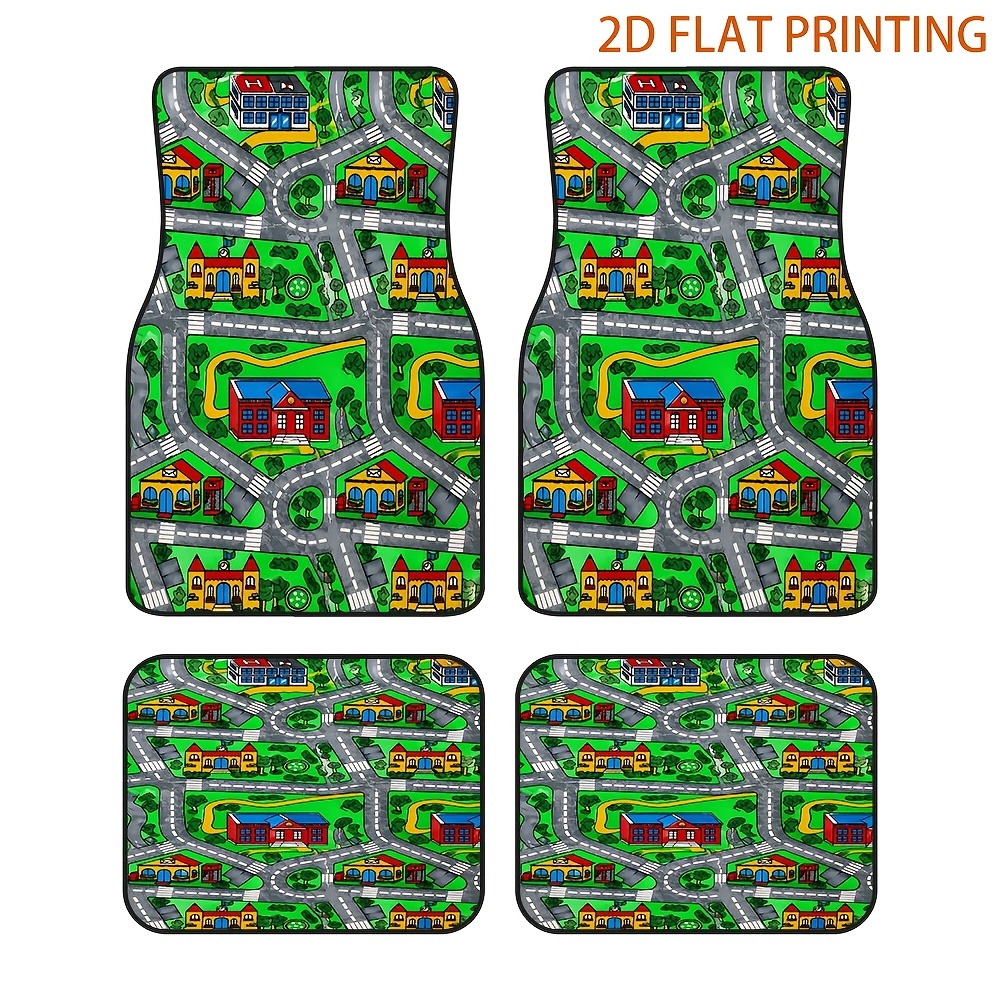 TEMU 2d Flat 4pcs Car Floor Mats Set Durable Material Colorful Cartoon Town Layout Great For Vehicle Styling Cars Weekend Drive Travel Stylish