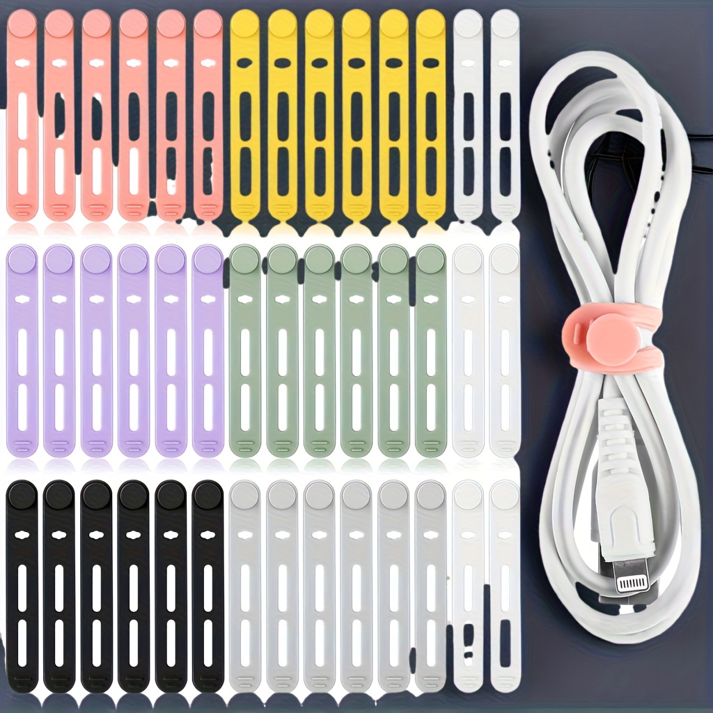 TEMU 42pcs Reusable Silicone Cable Ties With Locking Design, Adjustable High-elasticity Cable Organizers. Available In : Black, Pink, White, Green,
