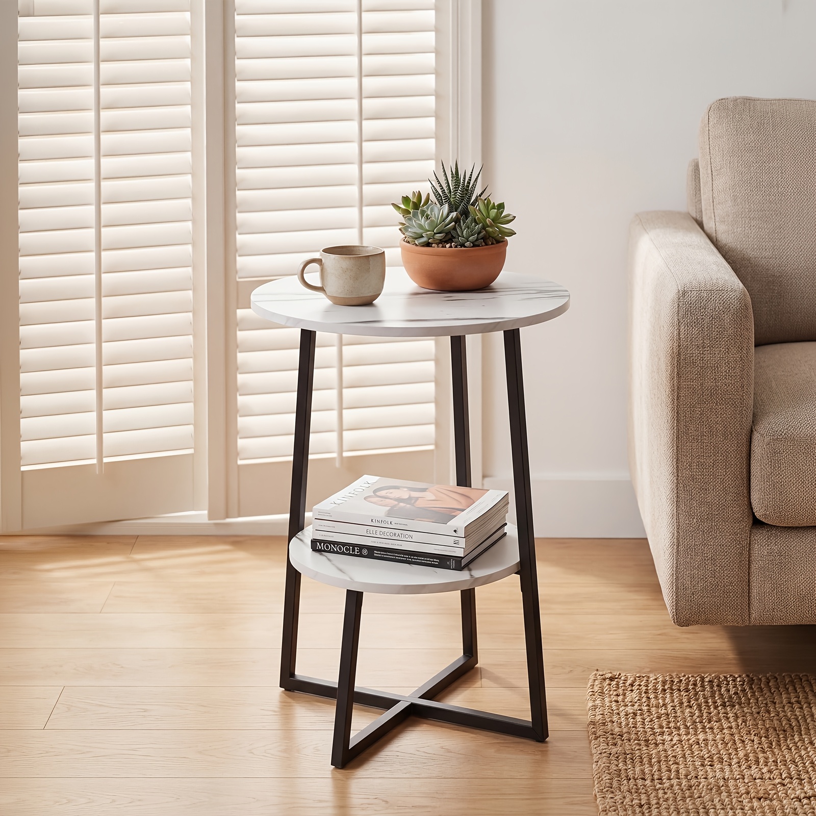 Standing Shelf, Sofa Side Table Storage Shelf 2-in-1 + Dual Use 2 Tier Side Table, Black Frame Modern Simple, Living Room Small For Sofa Side Bedroom Nightstand, Standing Shelf