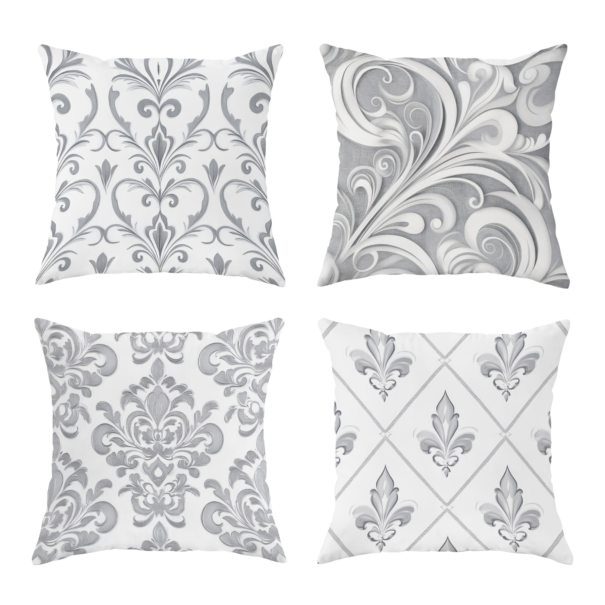 

4pcs Baroque Velvet Throw Pillow Covers Vintage Silvery Gray Decorative Pillowcases One-sided Printing For Living Room Bedroom Sofa Bed Decor Without Pillow Inserts