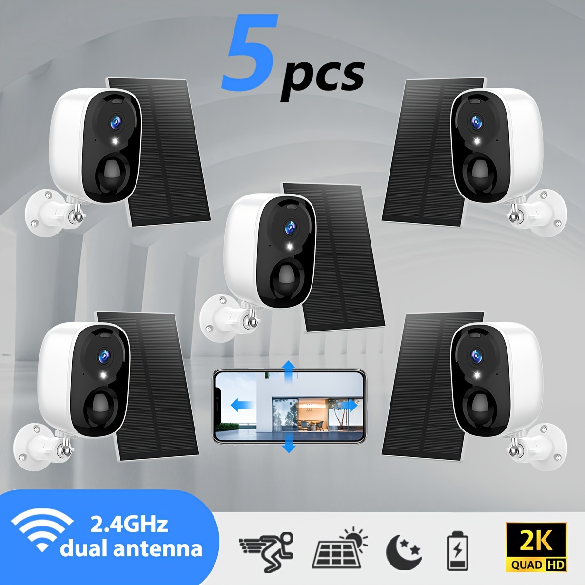 

5pcs Solar Powered 2k 3mp Wireless Outdoor - Ai Motion Detection, Two-way Voice Call, Color & Infrared Night Vision, Waterproof Ip66, Battery Powered With Usb Dual Use, Lithium Battery