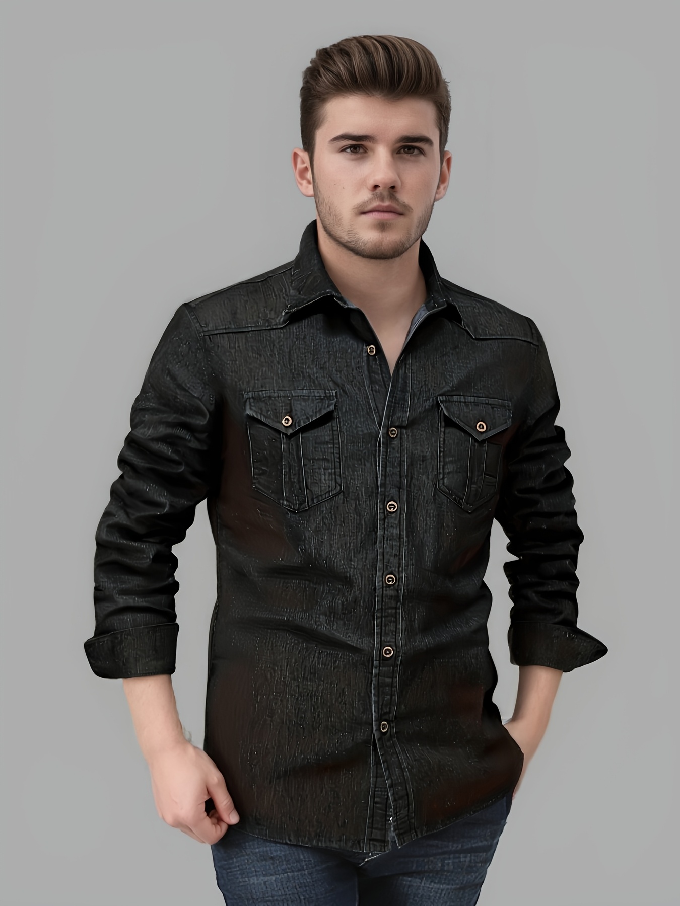 *'s Button Denim Long Sleeve Shirt Fit Collared Shirt Suitable for Wear  Inside or Outside, Fashionable and Versatile for Business Casual Sports in 