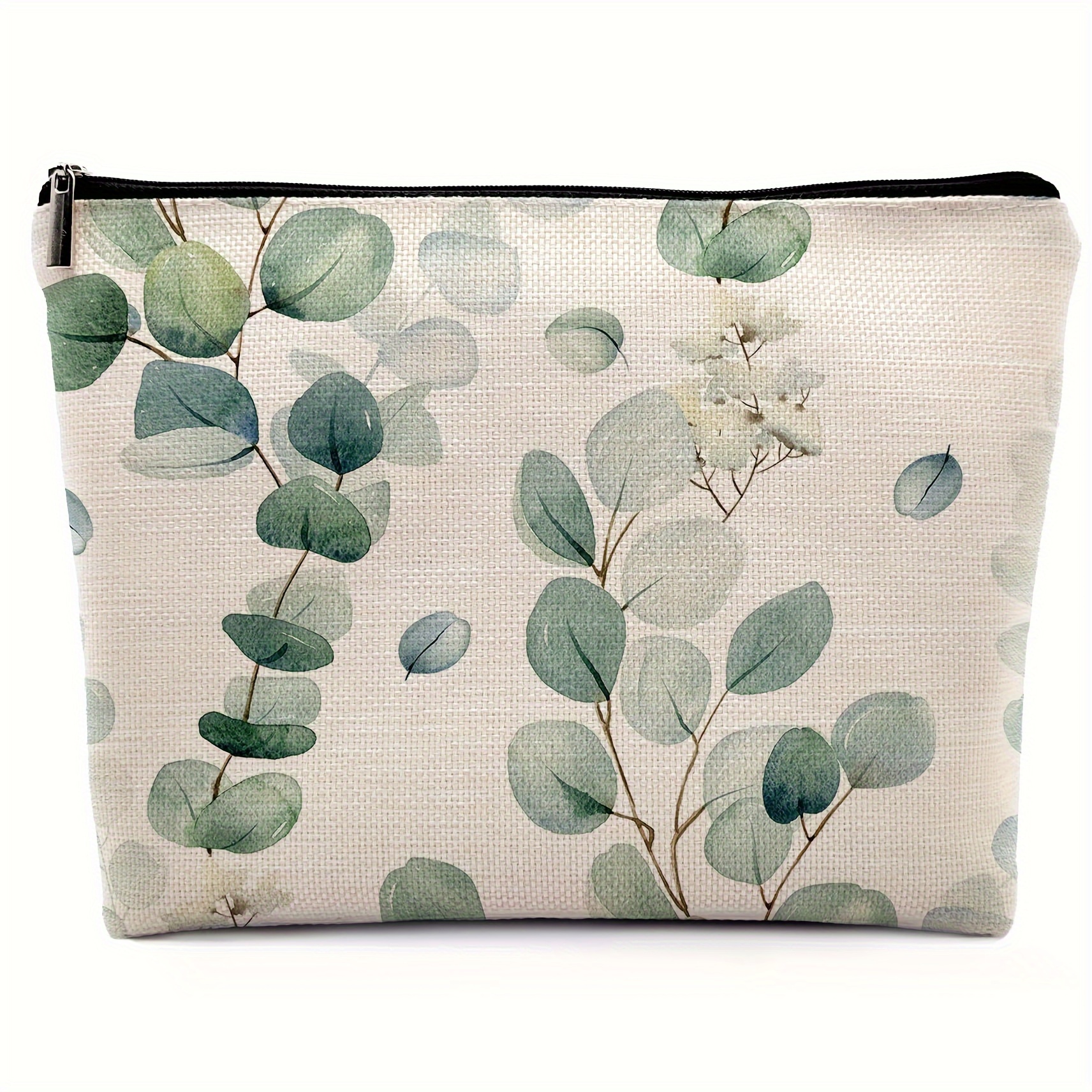 

Sage Green Eucalyptus Leaf Farmhouse Cosmetic Bag, Watercolor Natural Spring Leaves Makeup Bag Zipper Cosmetic Pouch Bag Travel Linen Makeup Organizer, Green Foliage Gifts Gift For Women Her